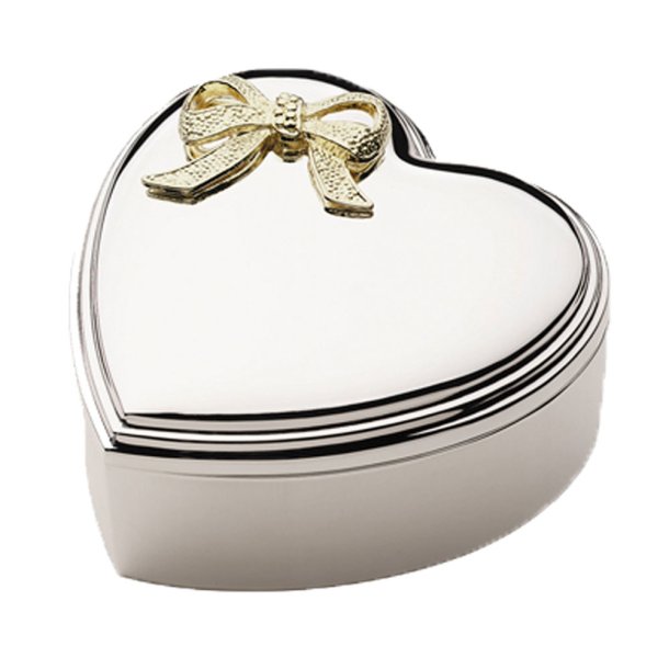Forkromet smykkeskrin hjerte med forgyldt sl�jfe 12X12 CM