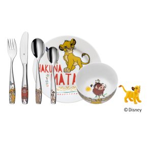 Porceln og rustfrit stl barnest m. 6 dele med lvernes konge.