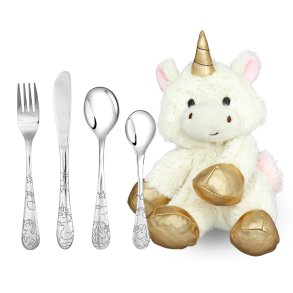 Rustfrit stl bestik med enhjrning inkl. bamse