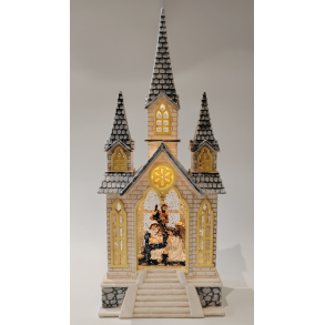 Julelanterne hvid kirke med krybbespil Josef og Maria med Jesus barnet og englen