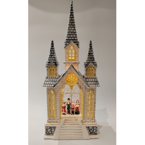 Julelanterne med kirke med 3 t�rne og korsanger