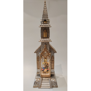 Julelanterne smal katedral med krybbespil med Josef og Maria samt Jesus barnet 