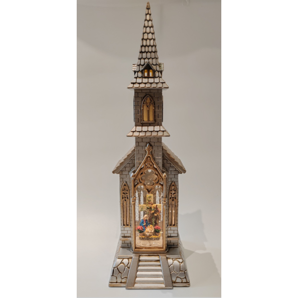Julelanterne smal katedral med krybbespil med Josef og Maria samt Jesus barnet 