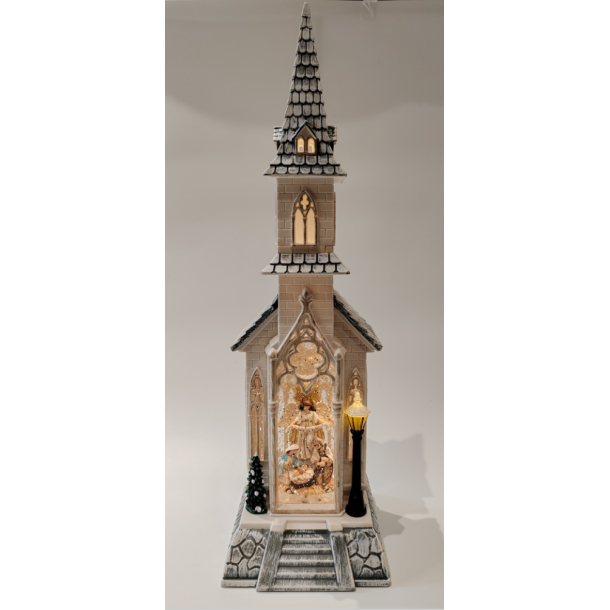 Julelanterne stor katedral med engel og krybbespil